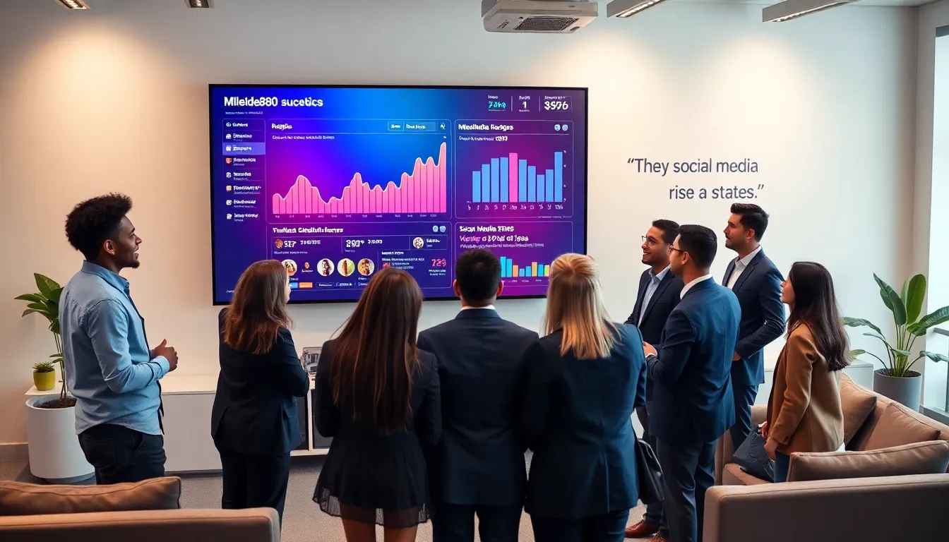 diverse team discussing social media success in a modern office.